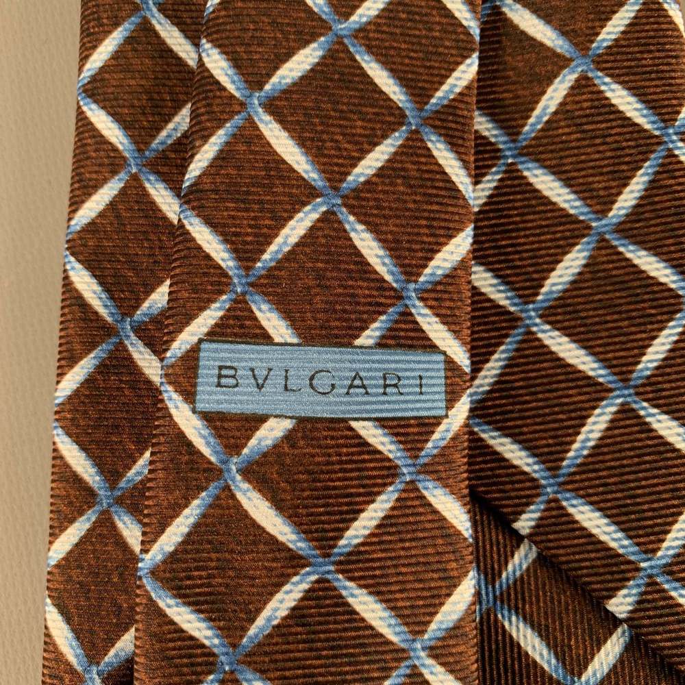 BVLGARI Brown Blue Window Pane Silk Tie - Picture 3 of 4